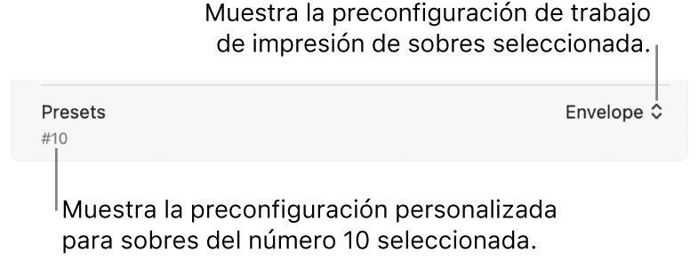 La sección Preconfiguraciones del cuadro de diálogo Imprimir mostrando una preconfiguración de impresión para un sobre seleccionado y una preconfiguración personalizada para un sobre del número 10 seleccionado.