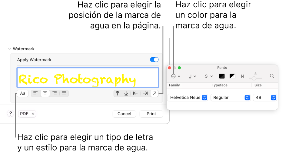 La opción de impresión Marca de agua mostrando las opciones Aplicar marca de agua, Ubicación y Etiqueta de marca de agua.