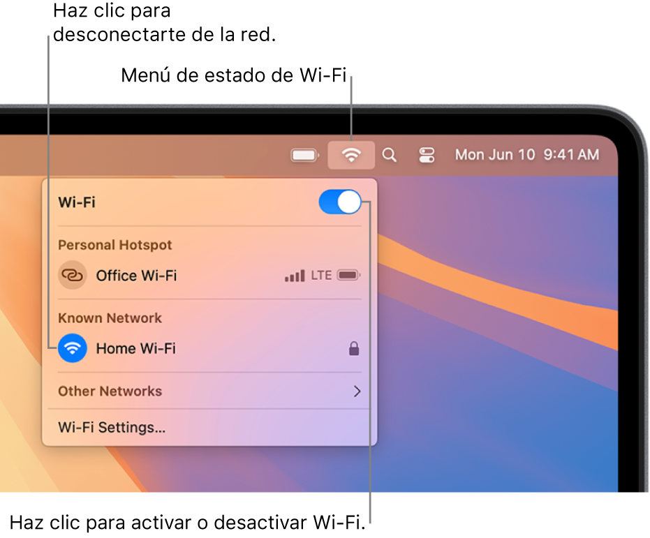 El menú de estado de Wi-Fi, mostrando el botón de encendido/apagado de Wi-Fi, Compartir Internet y redes conocidas.