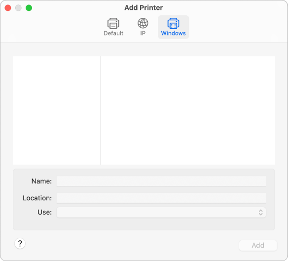 El cuadro de diálogo Agregar impresora con el botón Windows seleccionado.