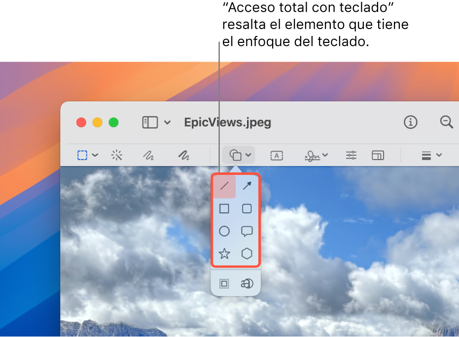 La ventana de Vista Previa mostrando la barra de herramientas de Marcado. La herramienta Formas se expande para mostrar las opciones. Acceso total con teclado agrega un contorno a la herramienta enfocada y el grupo que la contiene.