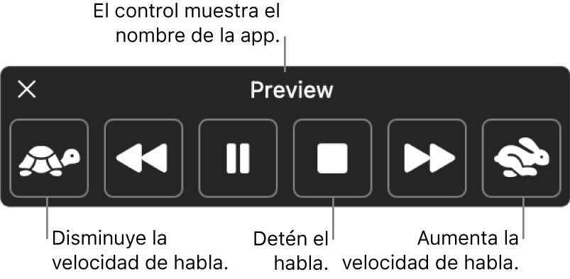 El controlador en pantalla que se puede mostrar cuando tu Mac lee en voz alta el texto seleccionado. El controlador brinda seis botones, los cuales, de izquierda a derecha, te permiten reducir la velocidad del habla, regresar un enunciado, reproducir o pausar el habla, detener el habla, adelantar un enunciado y aumentar la velocidad del habla. El nombre de la app se muestra en la parte superior del controlador.