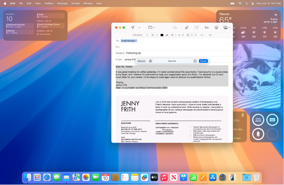 En el escritorio de un Mac se muestra la ventana de la app Mail con un correo electrónico abierto. El texto del correo electrónico está seleccionado y los botones Restaurar y Reescribir se muestran en la parte superior.