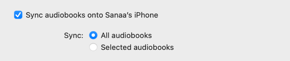 La casilla “Sincronizar audiolibros con [dispositivo]” está seleccionada. Debajo, la casilla “Todos los audiolibros” está seleccionada a la derecha de Sincronizar, encima de “Audiolibros seleccionados”.