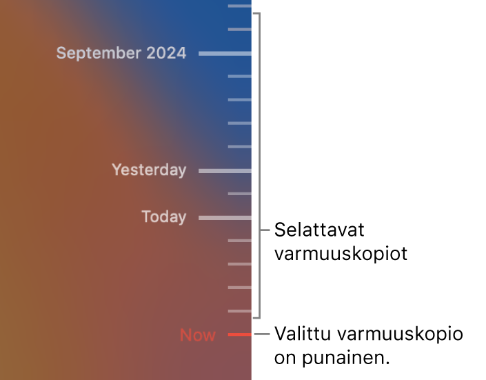 Valintamerkkejä varmuuskopioaikajanalla. Punainen valintamerkki on varmuuskopio, jota olet selaamassa.