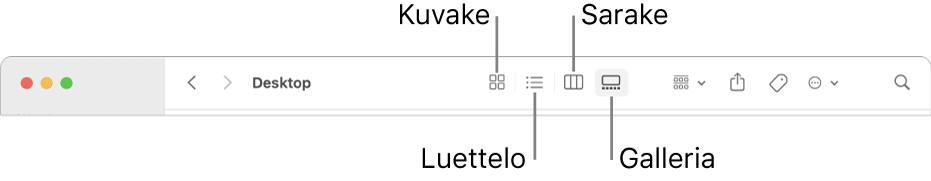 Finder-ikkunan yläosa, jossa näkyvät kansion Näkymävalinnat-painikkeet.