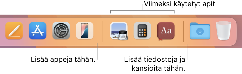 Osa Dockista, jossa näkyvät erotinviivat appien, äskettäin käytettyjen appien sekä tiedostojen ja kansioiden välillä.