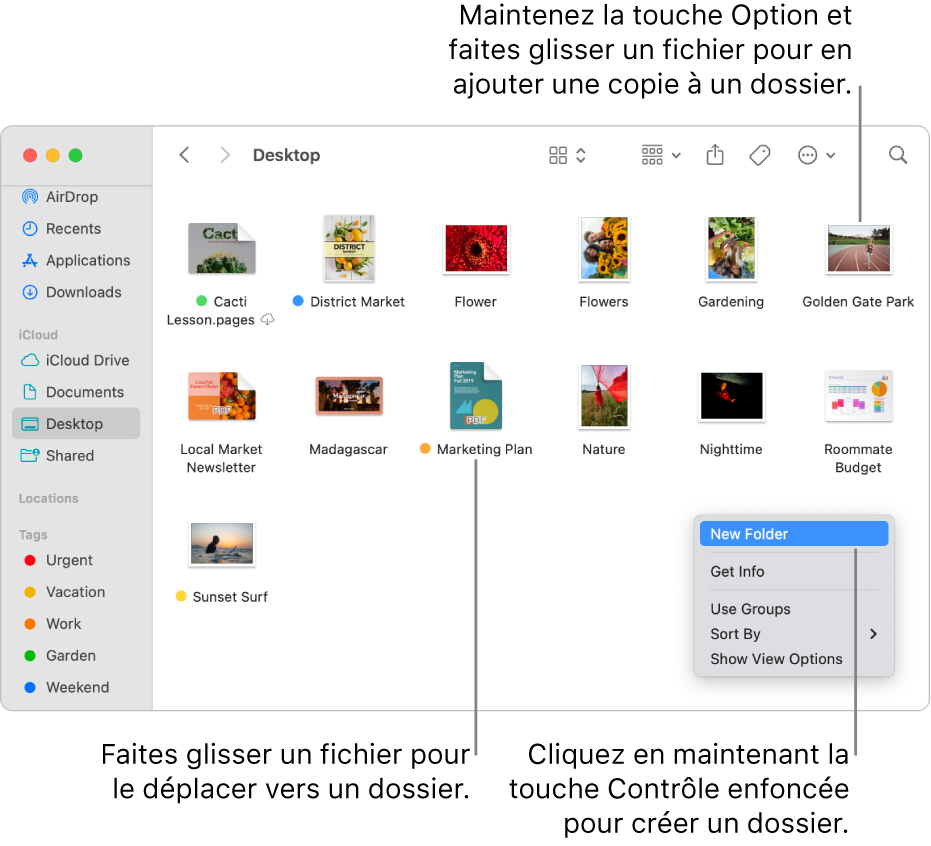 Une fenêtre du Finder qui contient des fichiers et des dossiers. Dans le menu contextuel, Nouveau dossier est surligné.