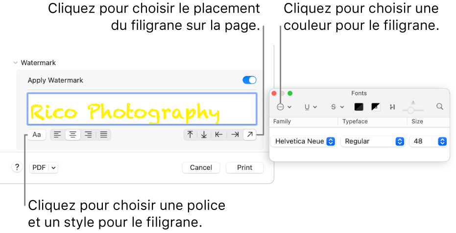 Les options d’impression Filigrane présentant les options Appliquer un filigrane, Lieu et Étiquette de filigrane.