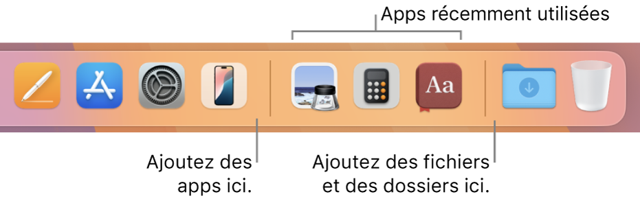 Une partie du Dock affichant les lignes séparant les apps, les apps récemment utilisées, et les fichiers et dossiers.