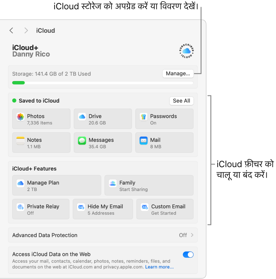 सभी चालू फ़ीचर के साथ iCloud सेटिंग्ज़।