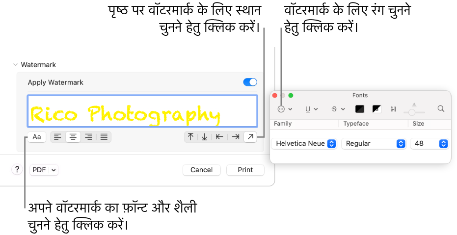 वॉटरमार्क प्रिंट के विकल्पों में वॉटरमार्क लागू करें, स्थान और वॉटरमार्क लेबल विकल्प दिखाई दे रहे हैं।