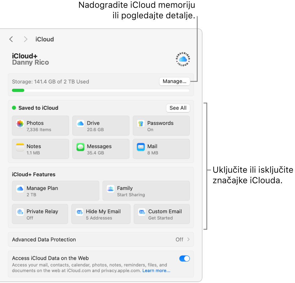 iCloud postavke s uključenim svim značajkama.