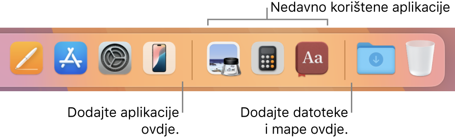 Dio Docka s prikazom linija odvajača između aplikacija, nedavno korištenih aplikacija te datoteka i mapa.