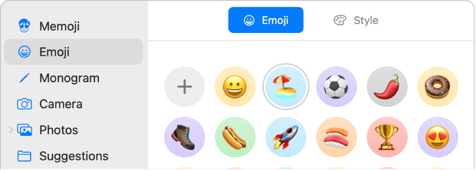 Opcije sa slikom Apple računa s emojijem odabranim u rubnom stupcu te razni prikazani emojiji.