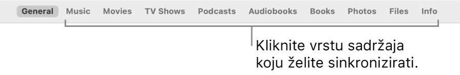 Redak opcija na vrhu prozora s prikazom vrsta sadržaja koji možete sinkronizirati.