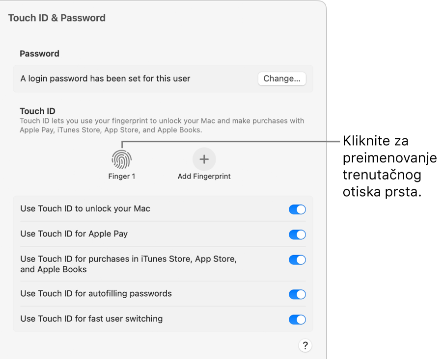 Postavke Touch ID-ja i lozinke, s prikazom otisak prstiju je spreman i može se koristiti za otključavanje Maca.