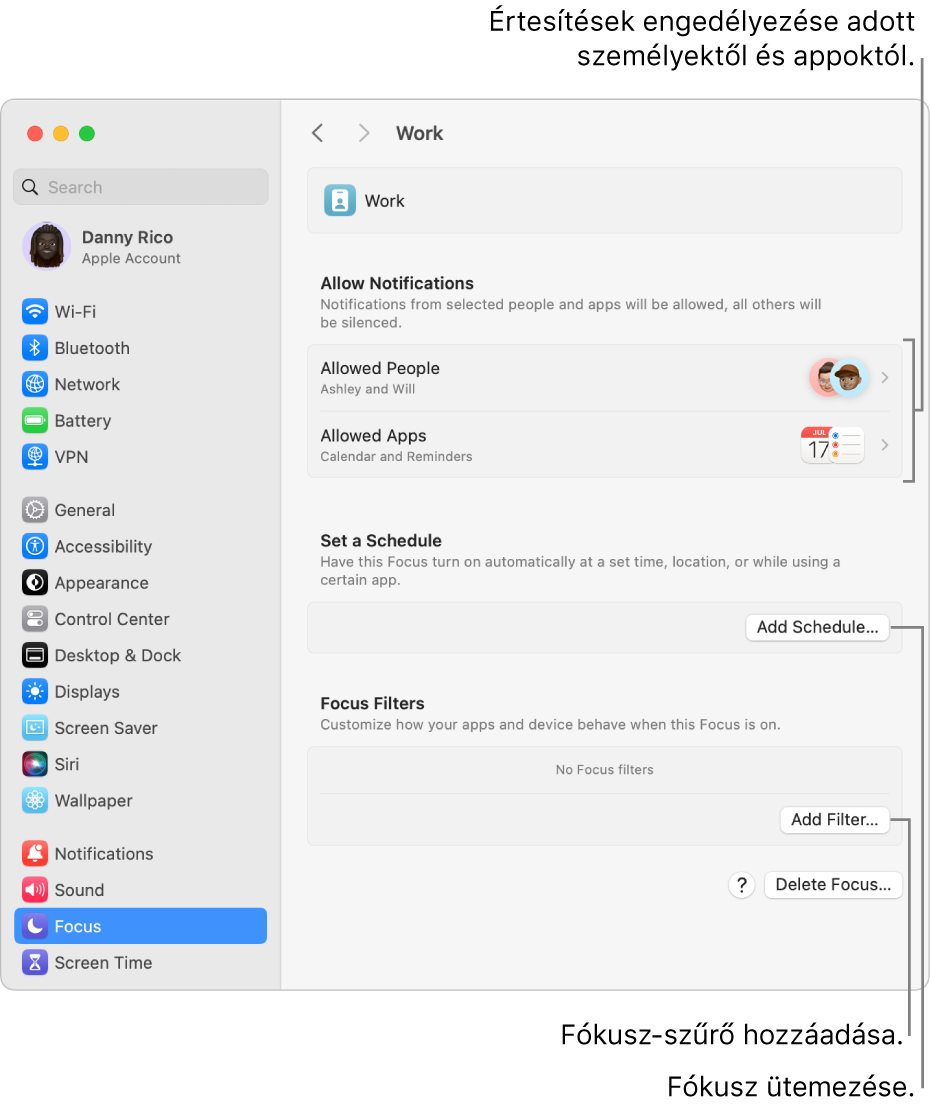 A Fókusz beállításai: a „Munka” Fókusz beállításai láthatók. Fent azon személyek és appok listája látható, akiktől az értesítések engedélyezve vannak, amikor a „Munka” Fókusz aktív.