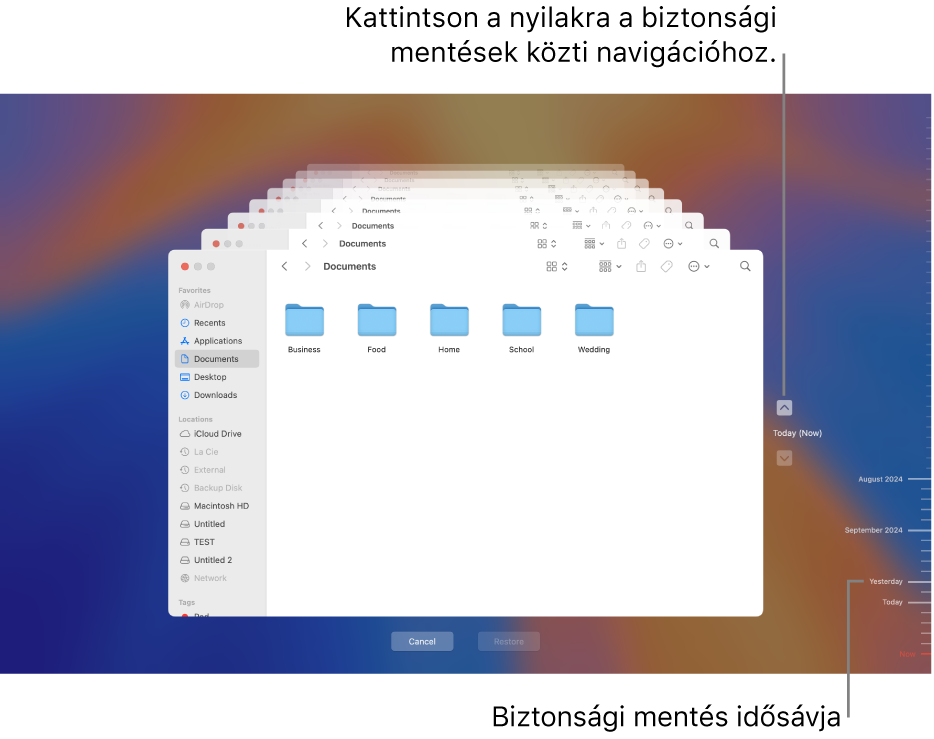 A Time Machine ablaka több egymásra helyezett Finder ablakkal, amelyek a biztonsági mentéseket jelképezik. A nyilak és a képernyő jobb oldalán látható idővonal segítségével navigálhat a biztonsági mentések között, illetve kiválaszthatja, melyik fájlokat szeretné visszaállítani.