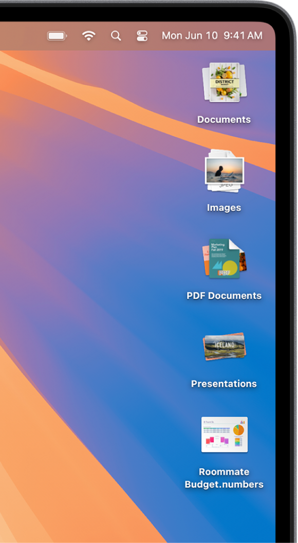 Mac íróasztala a képernyő jobb széle mentén található négy paklival: dokumentumok, képek, prezentációk és táblázatok számára.