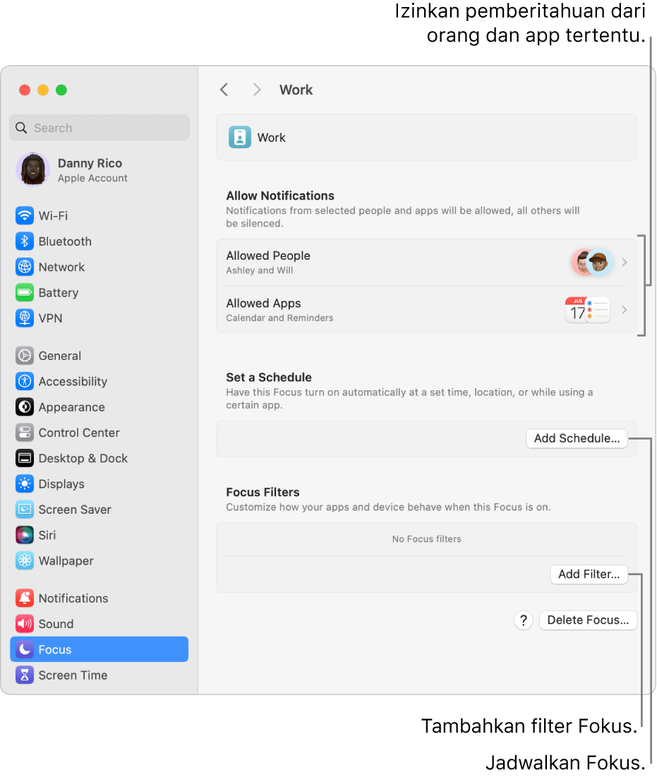 Pengaturan Fokus menampilkan pengaturan untuk Fokus Kerja. Di bagian atas terdapat daftar orang dan app yang pemberitahuannya diizinkan saat Fokus Bekerja aktif.