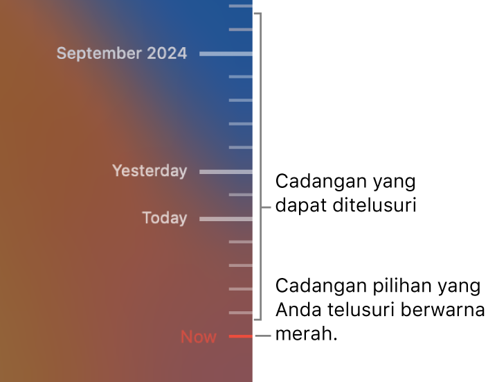 Tanda centang di garis waktu cadangan. Tanda centang merah menunjukkan cadangan yang Anda telusuri.