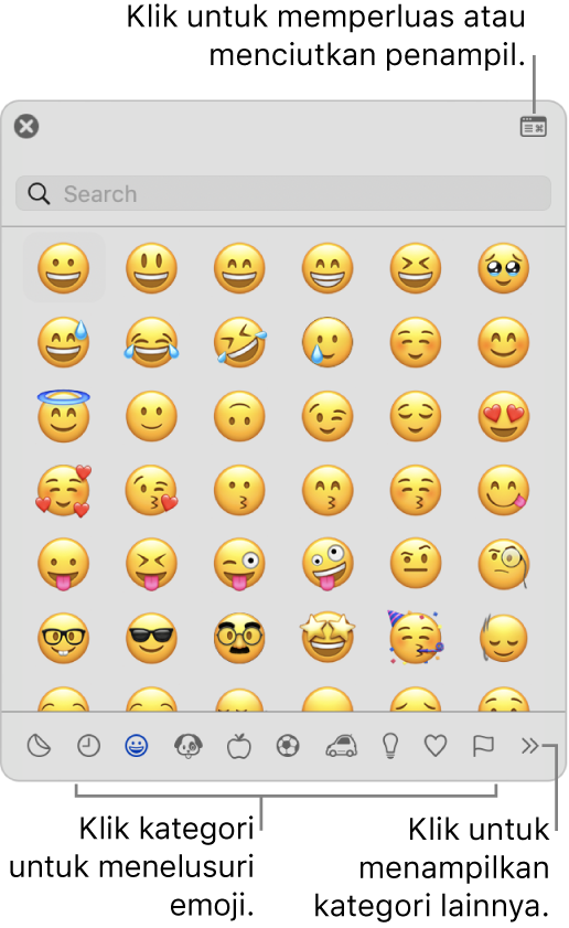 Jendela Penampil Karakter. Klik kategori di bagian bawah untuk menelusuri karakter atau simbol. Di bidang pencarian, masukkan nama atau kode simbol untuk menemukan karakter tertentu. Di pojok kanan atas, klik untuk memperluas atau menciutkan penampil.