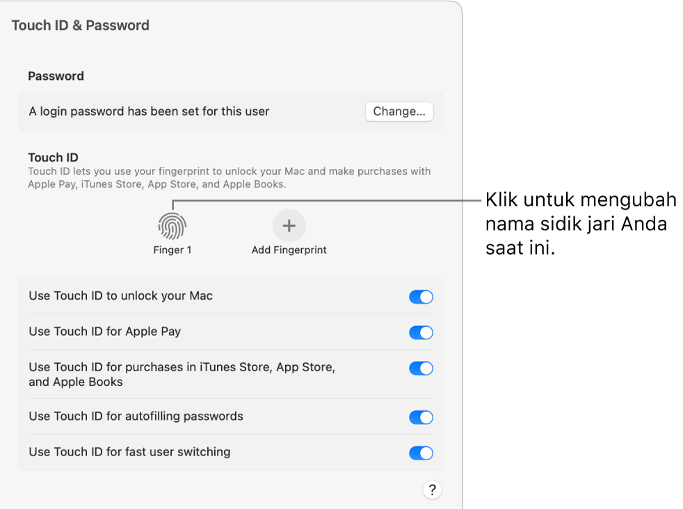 Pengaturan Touch ID & Kata Sandi, menampilkan sidik jari siap dan dapat digunakan untuk membuka Mac.