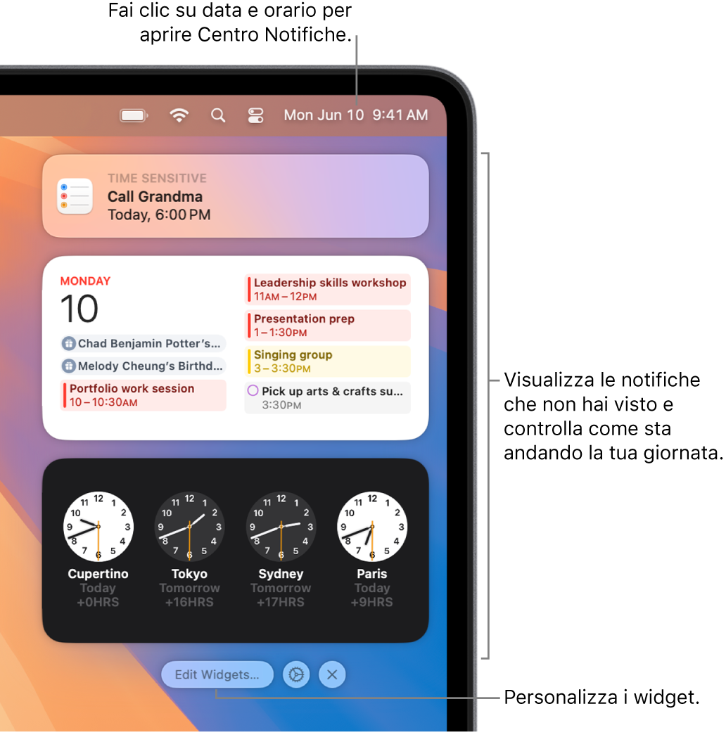 Notifiche e widget in Centro Notifiche.