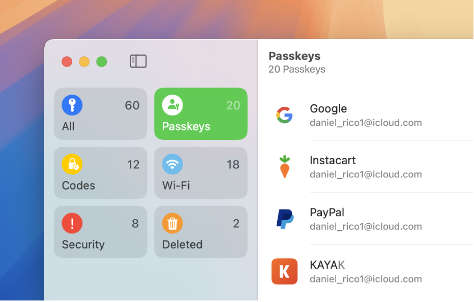 L’app Password che mostra la sezione he Passkey.