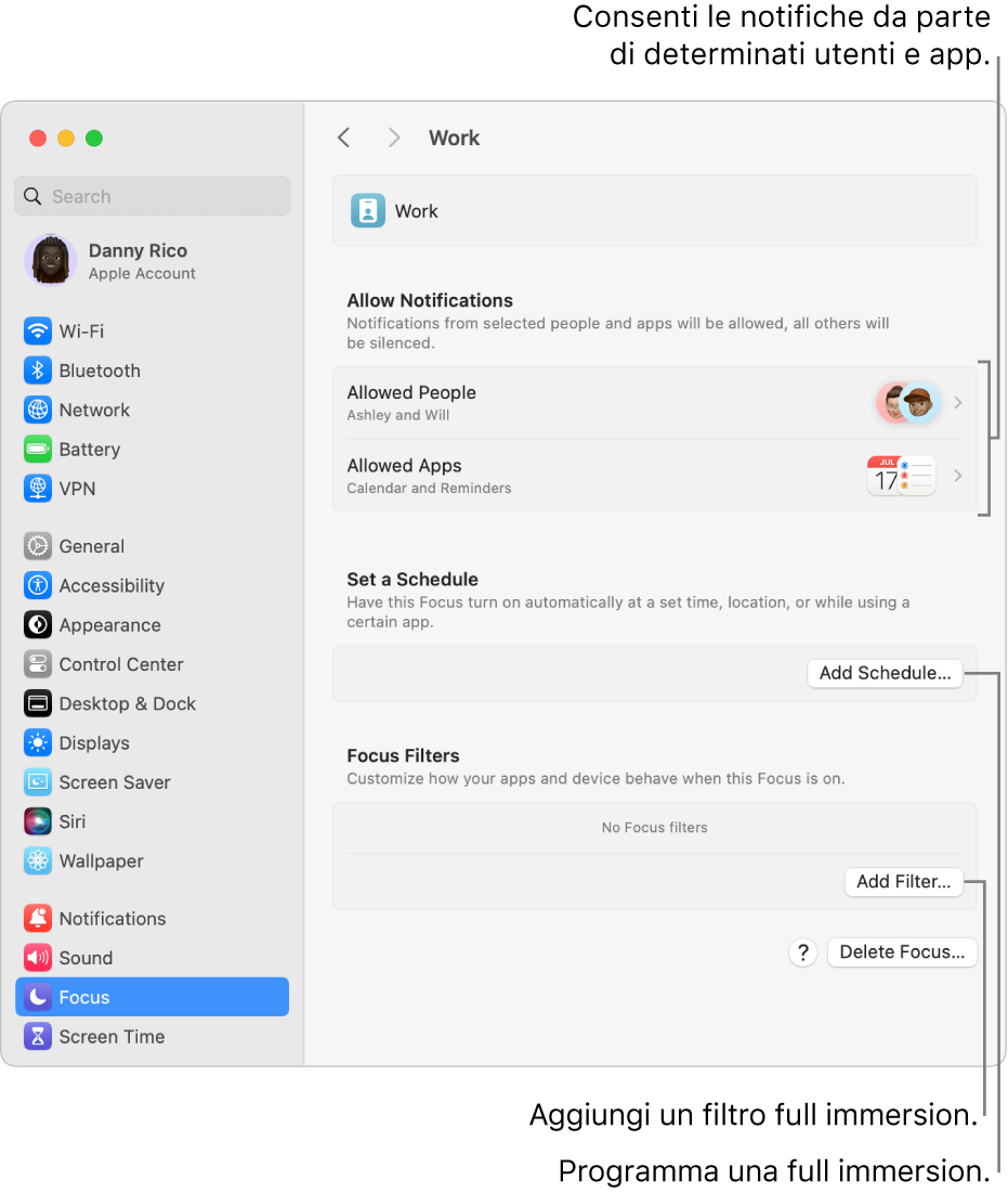 Vengono mostrate le impostazioni della full immersion Lavoro. In alto è presente l’elenco delle persone e delle app da cui sono consentite notifiche quando la full immersion Lavoro è attiva.
