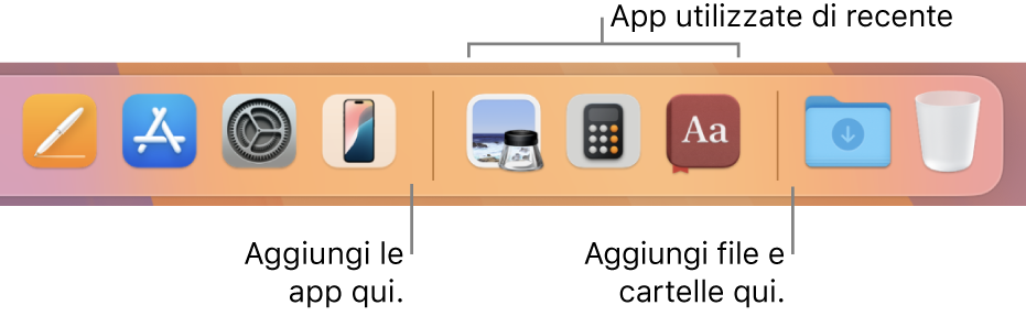 L’estremità destra del Dock che mostra le linee separatrici che precedono e seguono la sezione delle app usate di recente.