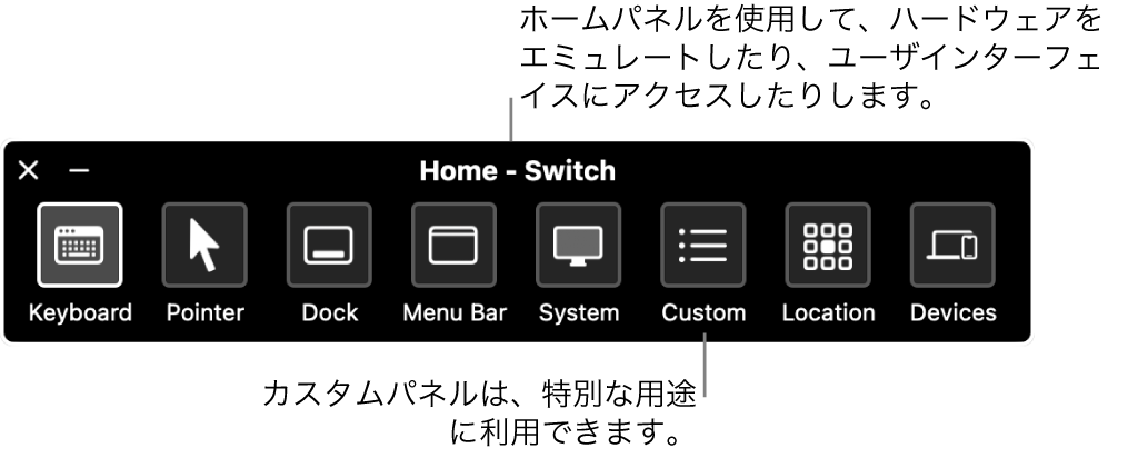 スイッチコントロールの「ホーム」パネルには、左から右へ順に、キーボード、ポインタ、Dock、メニューバー、システムコントロール、カスタムパネル、画面の場所、およびその他のデバイスを制御するボタンが含まれています。