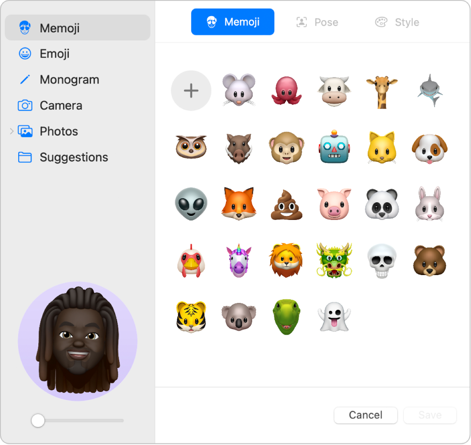 Pilihan gambar Akaun Apple. Senarai pilihan gambar dalam bar sisi, termasuk Memoji, Monogram, Foto dan banyak lagi. Memoji dipilih dan grid Memoji ditunjukkan.