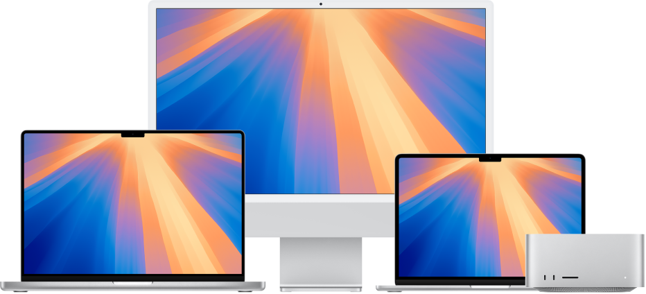 Dari kiri ke kanan, MacBook Pro, iMac dan MacBook Air dengan desktop berwarna-warni. Mac Studio di sebelah kanan hujung.