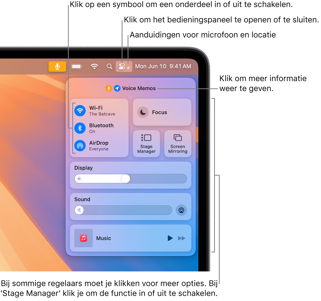 Het bedieningspaneel rechtsboven in het scherm, met onder andere regelaars voor 'Wifi', 'Focus', 'Niet storen', 'Geluid' en 'Huidig onderdeel'.