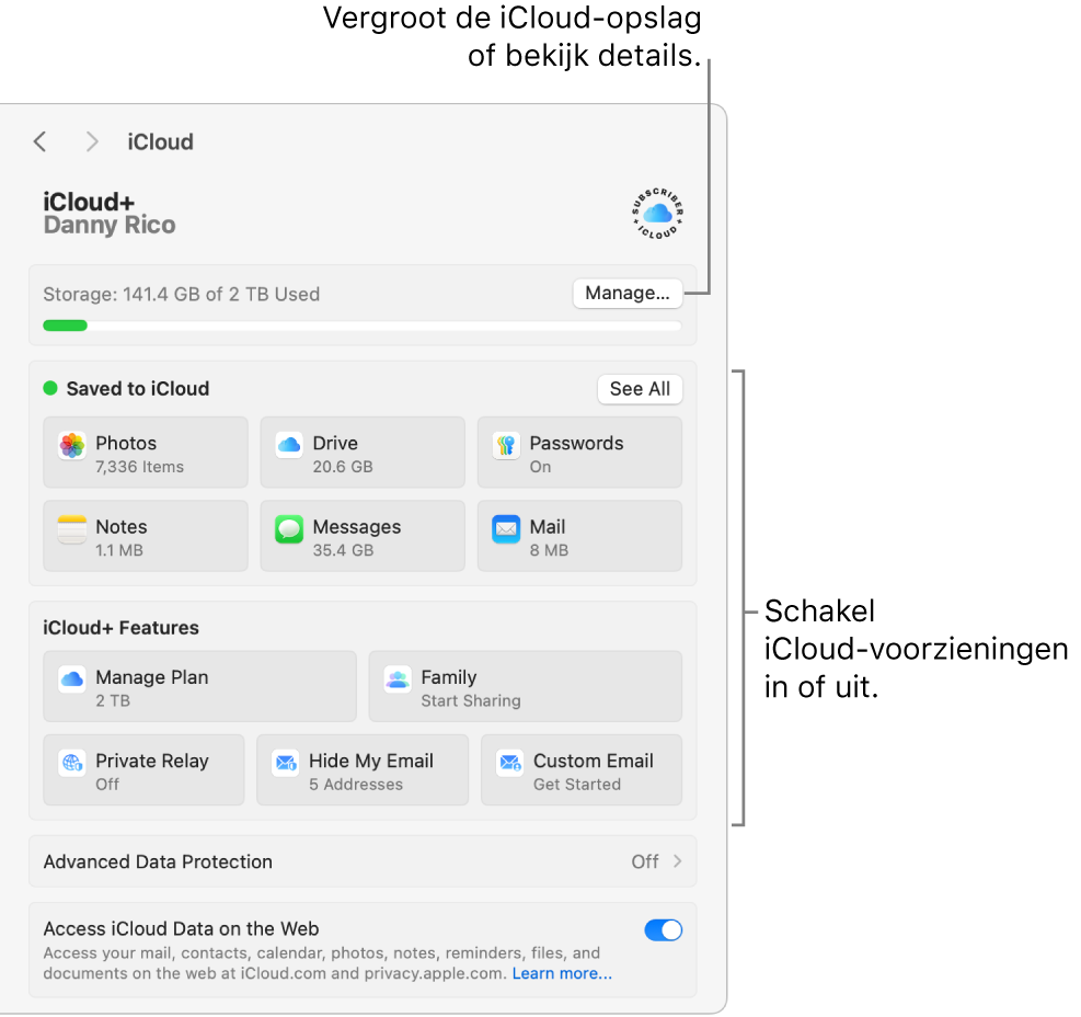 iCloud-instellingen met alle functies ingeschakeld.