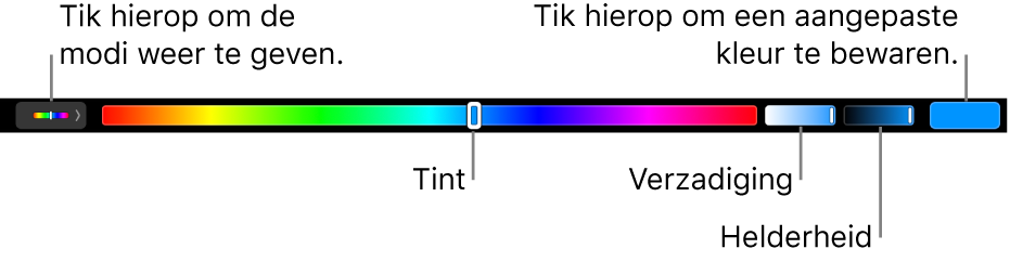 De Touch Bar met schuifknoppen voor kleurtint, kleurverzadiging en helderheid voor de HSB-modus. Uiterst links zie je de knop om alle modi weer te geven; aan de rechterkant staat de knop om een aangepaste kleur te bewaren.