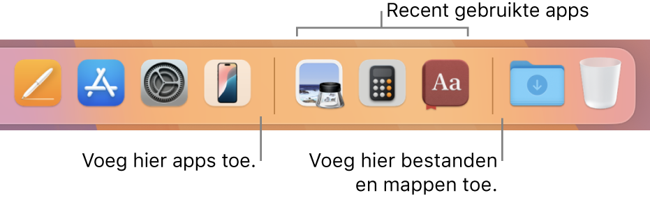 Een gedeelte van het Dock, waarin de scheidingslijnen worden weergegeven tussen apps, recent gebruikte apps en bestanden en mappen.