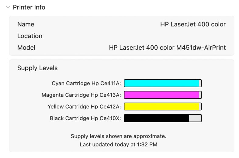 Het dialoogvenster 'Printerinfo', met de naam, de locatie, het model en het inktniveau van de inktcartridges van een printer.