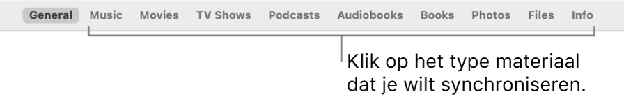 De rij opties boven in het venster met de verschillende typen materiaal die je kunt synchroniseren.