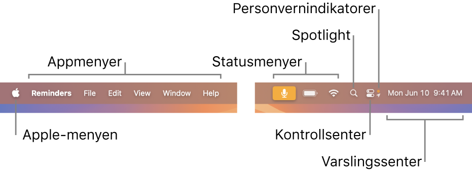 Menylinjen. Til venstre er Apple-menyen og appmenyer. Til høyre er statusmenyer, Spotlight, Kontrollsenter, personvernindikatorer og Varslingssenter.