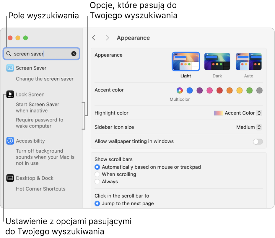 Okno Ustawień systemowych z wpisanym w polu wyszukiwania tekstem „wygaszacz” oraz listą pasujących wyników wyszukiwania wyświetlaną poniżej tego pola.