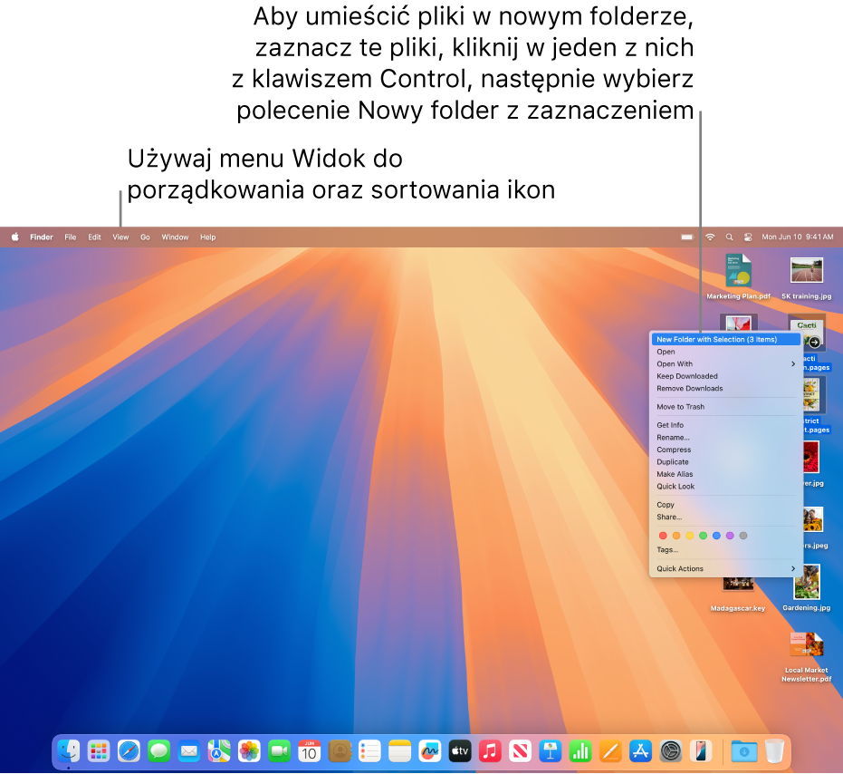 Biurko z plikami i folderami. Niektóre pliki są zaznaczone w celu umieszczenia ich w nowym folderze. Kliknięcie z klawiszem Control w zaznaczony plik wyświetla menu podręczne, w którym wybrane jest polecenie Nowy folder z zaznaczeniem.