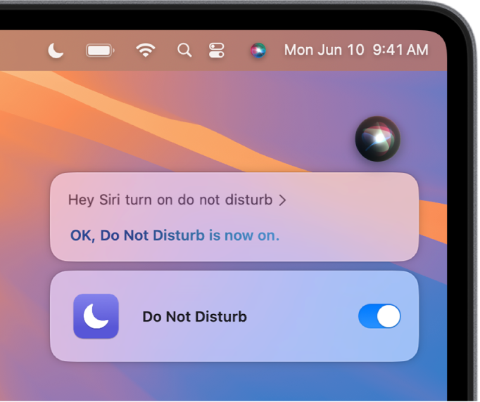 Okno Siri pokazujące polecenie wykonania zadania „Turn on do not disturb.”