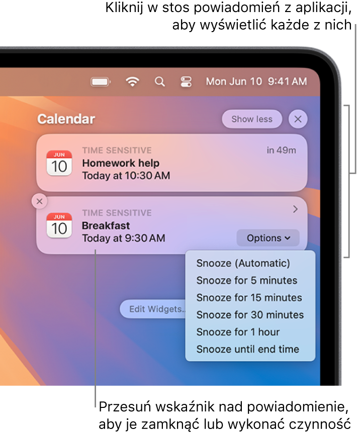 Powiadomienia aplikacji w prawym górnym rogu Biurka. Widoczny jest rozwinięty stos dwóch powiadomień aplikacji Przypomnienia oraz przycisk Pokaż mniej, umożliwiający zwinięcie stosu. Widoczne jest także jedno powiadomienie aplikacji Kalendarz z przyciskiem Drzemka.