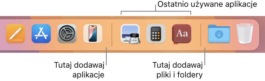 Prawy koniec Docka z pokazanymi liniami oddzielającymi przed oraz za sekcją z ostatnio używanymi aplikacjami.