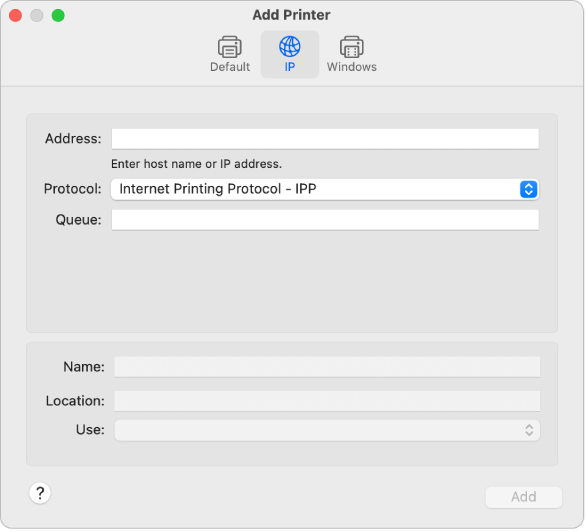 Caixa de diálogo Adicionar Impressora, mostrando as opções de IP para configurar uma impressora usando o protocolo IP.