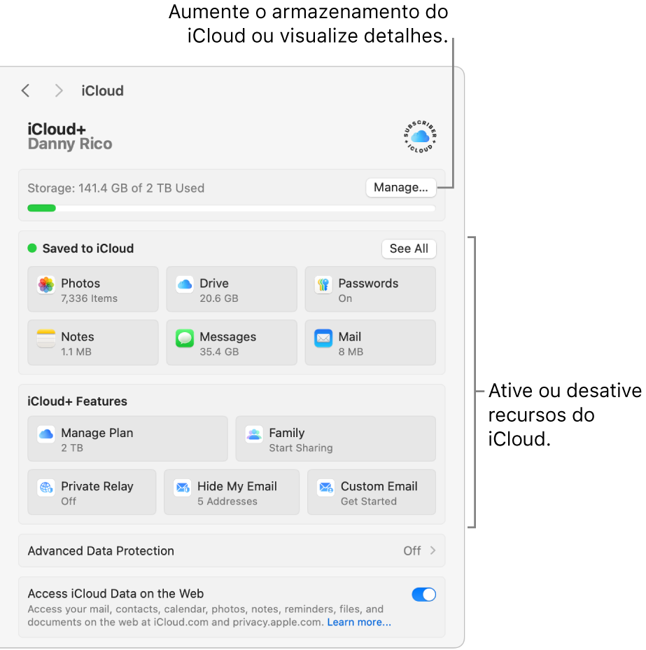 Ajustes do iCloud com todos os recursos ativados.