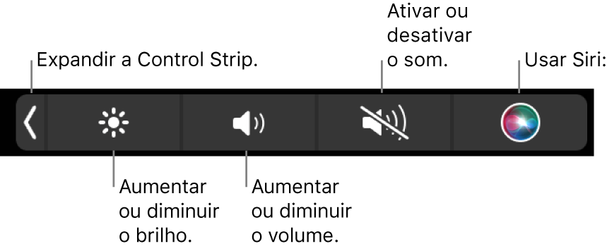 A Control Strip comprimida inclui botões, da esquerda para a direita, para expandir a Control Strip, aumentar ou diminuir o brilho do monitor e o volume, desligar ou ligar o som e usar Siri.